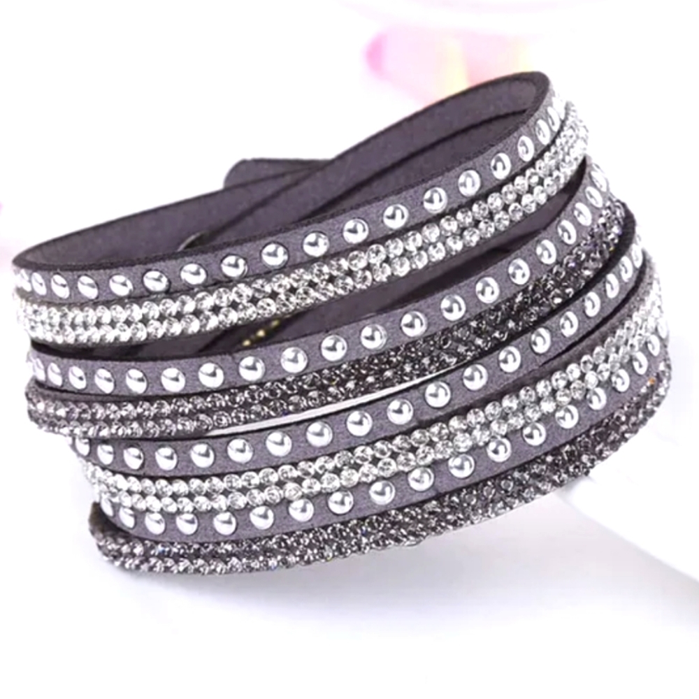 B17 Silver Gray Double Wrap Rhinestone Bracelet Brown Silver Blingy New Sparkly